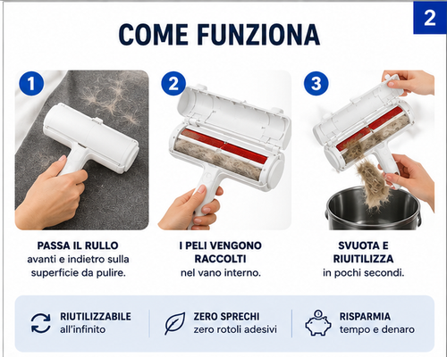 PetClean™ – Rullo Rimuovi Peli Riutilizzabile per Cani e Gatti